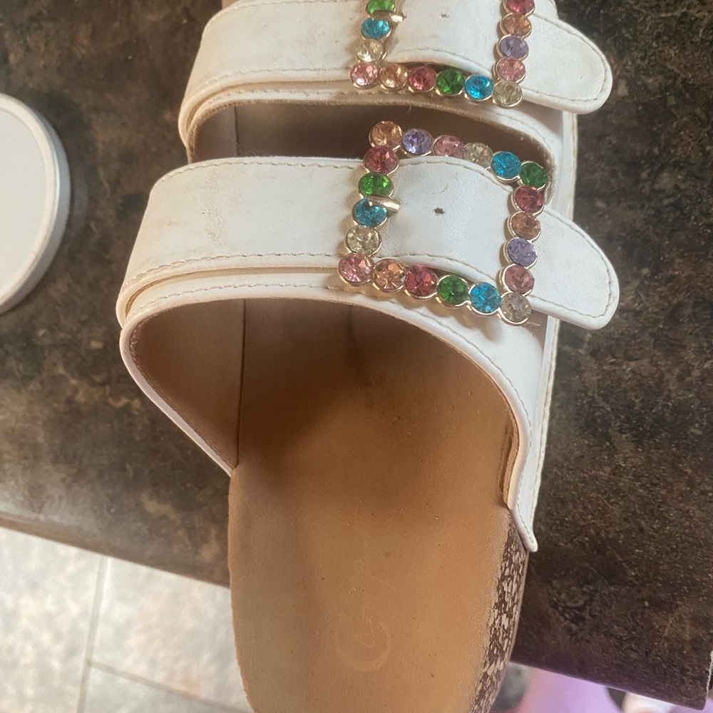Women's White Sandals with Multicolor Gem Accents